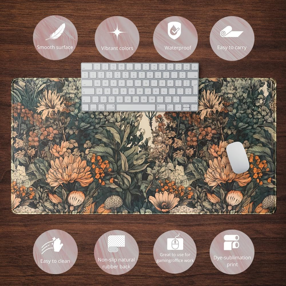 Boho Aesthetic Desk Mat Wildflowers Large Mouse Pad Gaming Pad, XXL Keyboard Mat Full Desktop Women Office Desk Accessories with Stitched Edges Anti-Slip Funny Deskpad, 31.5 X 15.8 In