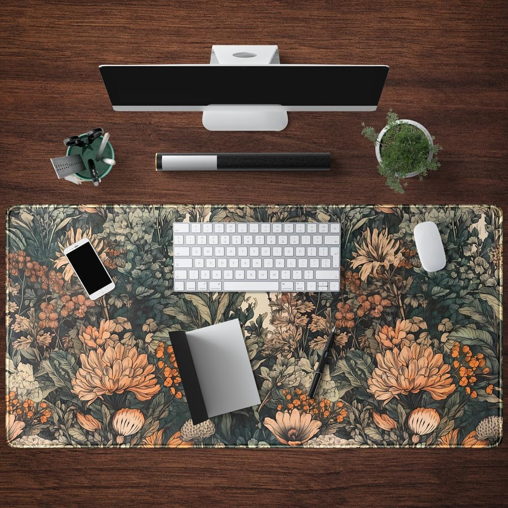 Boho Aesthetic Desk Mat Wildflowers Large Mouse Pad Gaming Pad, XXL Keyboard Mat Full Desktop Women Office Desk Accessories with Stitched Edges Anti-Slip Funny Deskpad, 31.5 X 15.8 In