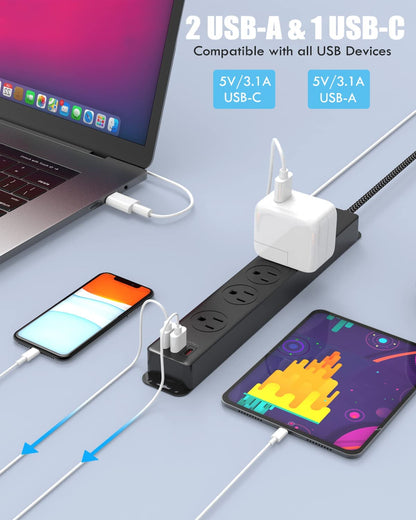 Surge Protector Power Strip with USB C Ports, 10FT Braided Extension Cord, 5 Outlets and 3 USB Ports(1 USB C),  Mountable Power Strips Flat Plug with Overload Protection
