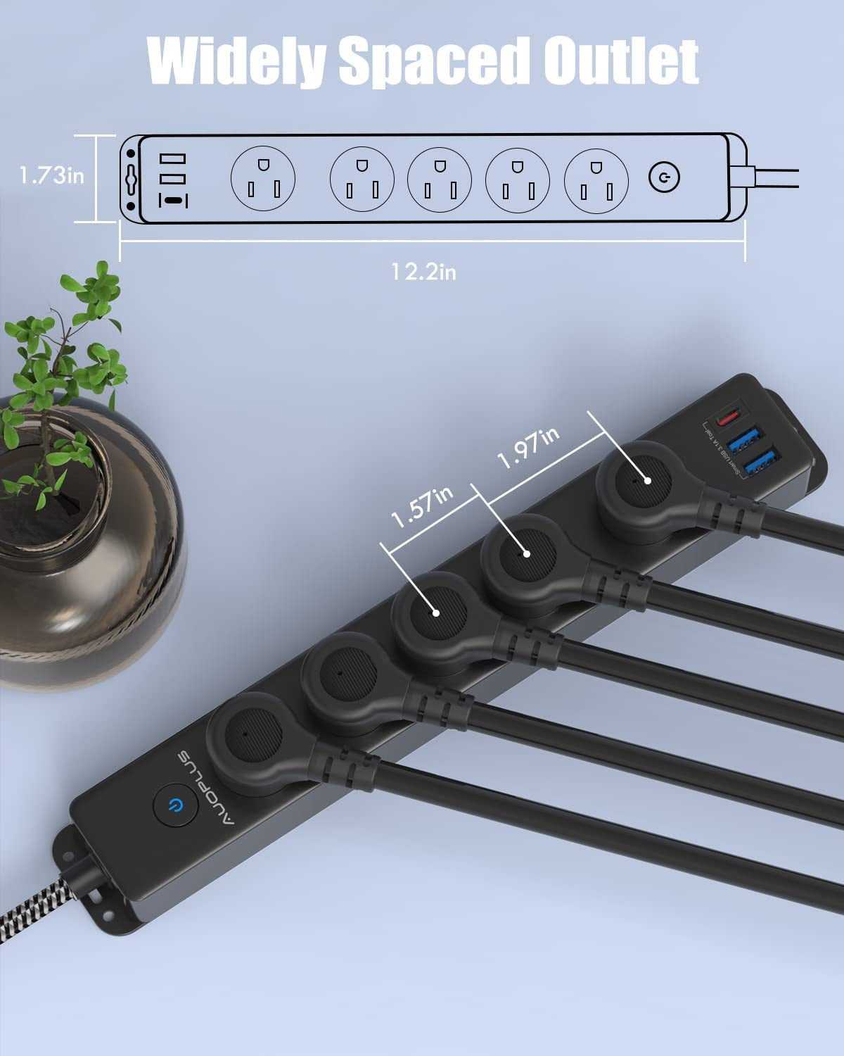 Surge Protector Power Strip with USB C Ports, 10FT Braided Extension Cord, 5 Outlets and 3 USB Ports(1 USB C),  Mountable Power Strips Flat Plug with Overload Protection