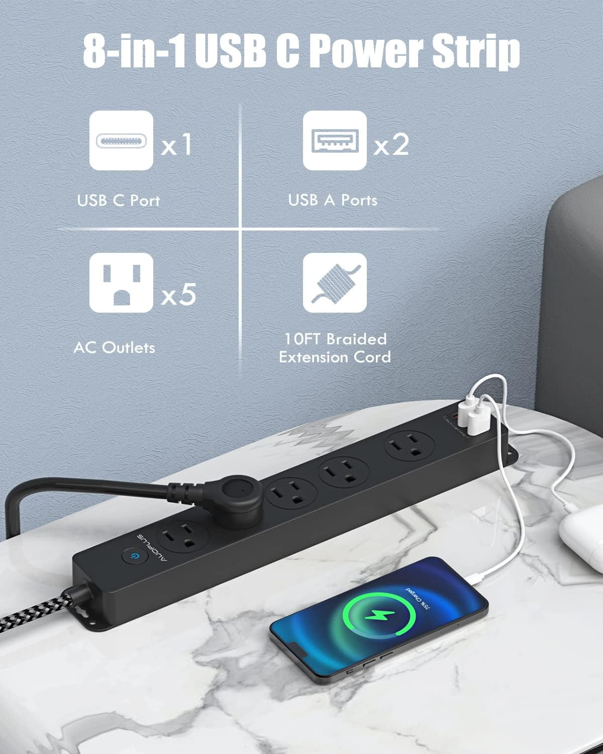 Surge Protector Power Strip with USB C Ports, 10FT Braided Extension Cord, 5 Outlets and 3 USB Ports(1 USB C),  Mountable Power Strips Flat Plug with Overload Protection