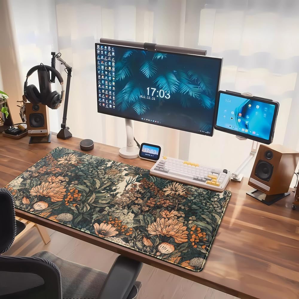 Boho Aesthetic Desk Mat Wildflowers Large Mouse Pad Gaming Pad, XXL Keyboard Mat Full Desktop Women Office Desk Accessories with Stitched Edges Anti-Slip Funny Deskpad, 31.5 X 15.8 In