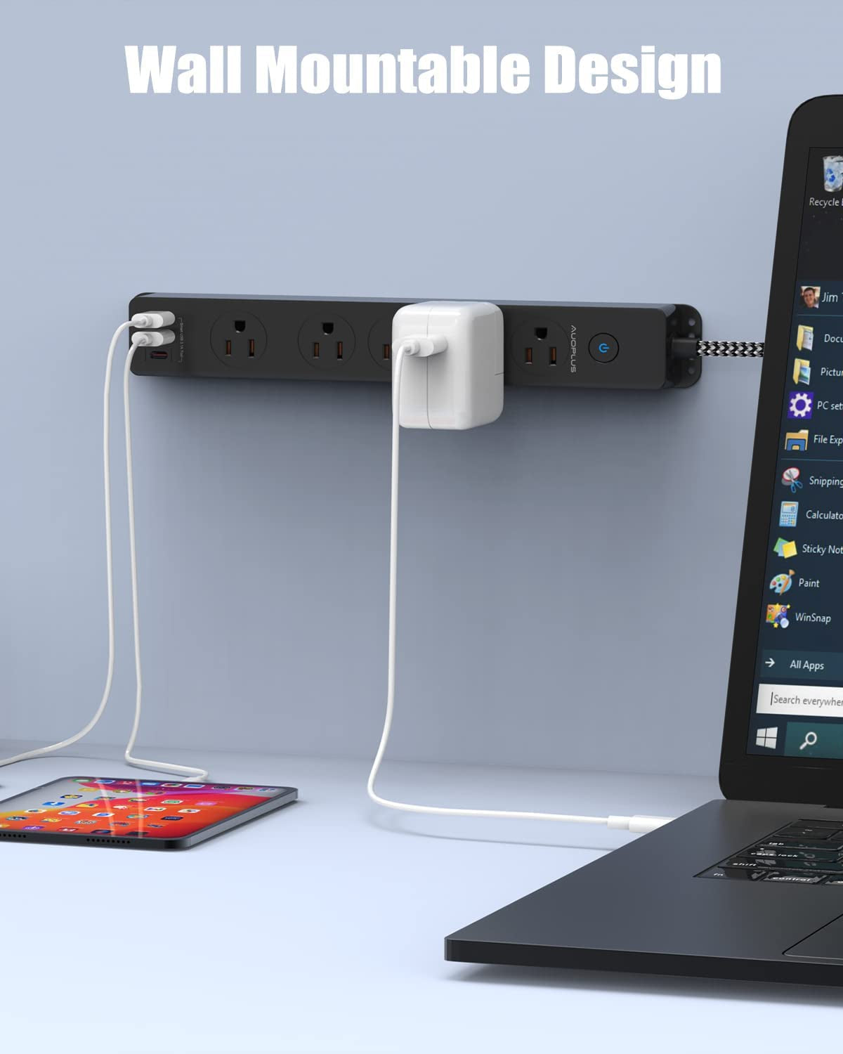 Surge Protector Power Strip with USB C Ports, 10FT Braided Extension Cord, 5 Outlets and 3 USB Ports(1 USB C),  Mountable Power Strips Flat Plug with Overload Protection