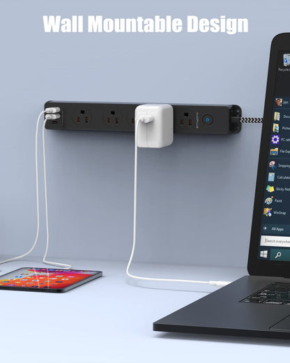 Surge Protector Power Strip with USB C Ports, 10FT Braided Extension Cord, 5 Outlets and 3 USB Ports(1 USB C),  Mountable Power Strips Flat Plug with Overload Protection