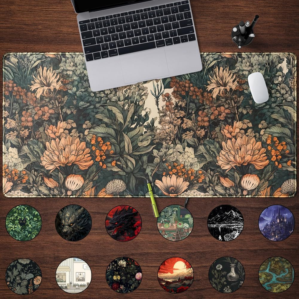 Boho Aesthetic Desk Mat Wildflowers Large Mouse Pad Gaming Pad, XXL Keyboard Mat Full Desktop Women Office Desk Accessories with Stitched Edges Anti-Slip Funny Deskpad, 31.5 X 15.8 In