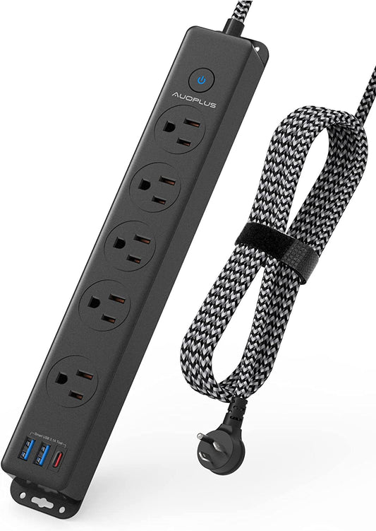 Surge Protector Power Strip with USB C Ports, 10FT Braided Extension Cord, 5 Outlets and 3 USB Ports(1 USB C),  Mountable Power Strips Flat Plug with Overload Protection