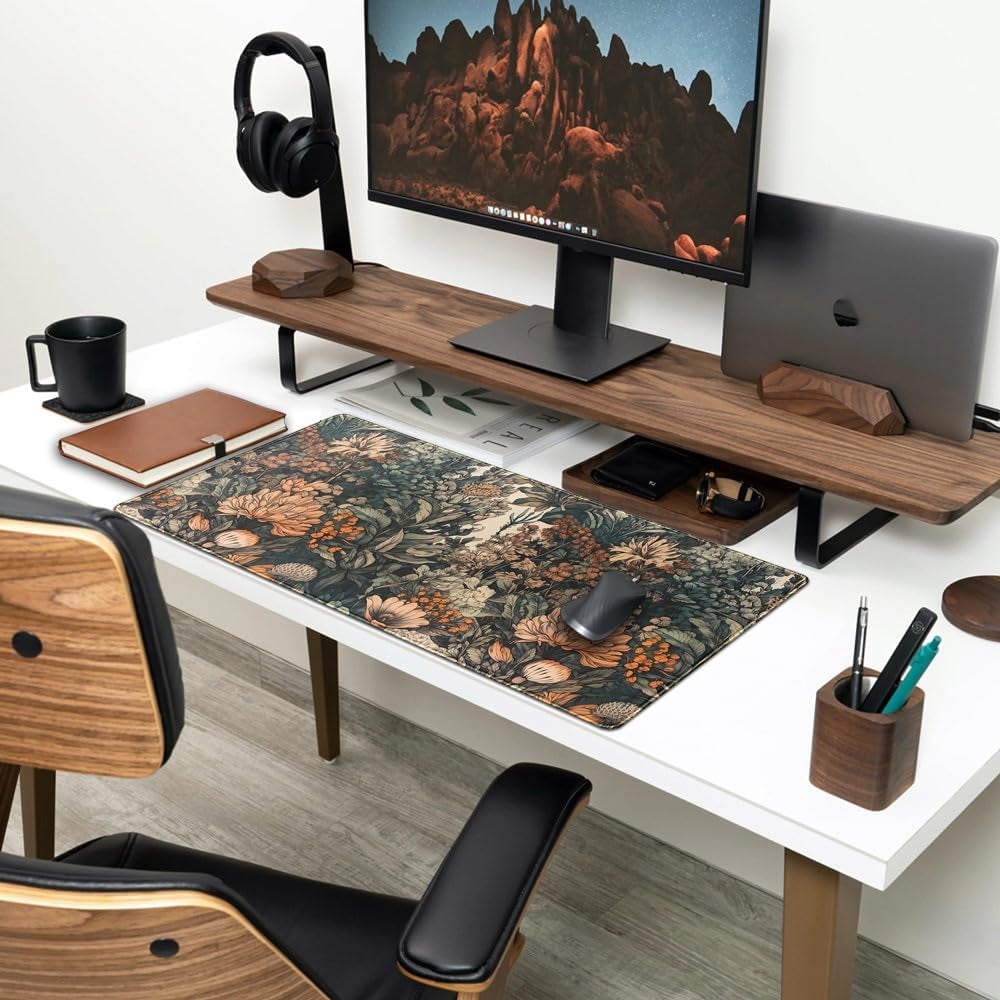 Boho Aesthetic Desk Mat Wildflowers Large Mouse Pad Gaming Pad, XXL Keyboard Mat Full Desktop Women Office Desk Accessories with Stitched Edges Anti-Slip Funny Deskpad, 31.5 X 15.8 In